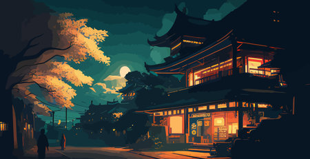 Panorama chinese street with old houses. Vector illustration of city street in cartoon style.のイラスト素材