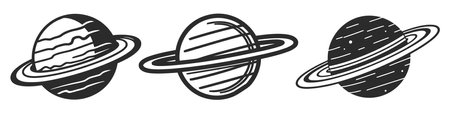 Planet icon set, outlines, in black. Black vector planets on white backgroundのイラスト素材