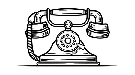 Vector logo of hand drawn illustration of retro phone in vintage engraved style.のイラスト素材
