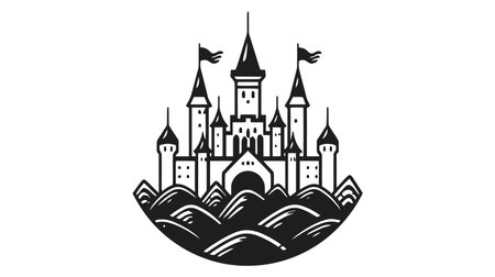Vector black castle icon, logo. Vector illustration isolated on white background.のイラスト素材