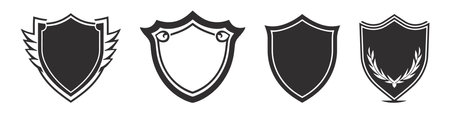 Vector shield icon. Heraldic shields, security black labels. Knight award, medieval royal vintage badges isolated vector. Protect shape arms silhouette elements set.のイラスト素材