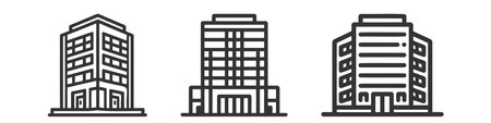 Office building sign icon set in flat style. Apartment vector illustration pack on white isolated background. Vector icon collection.のイラスト素材