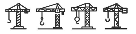Crane icons set. Different types of cranes, linear icon collection. Cargo, construction pack.のイラスト素材