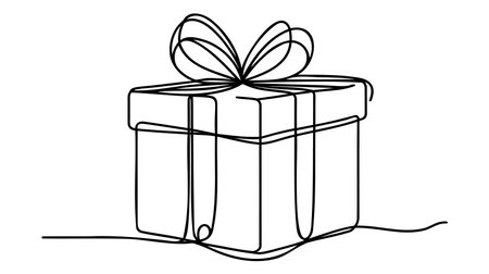 Christmas Present box with ribbon and bow. Continuous one line vector illustration. Wrapped surprise package.のイラスト素材