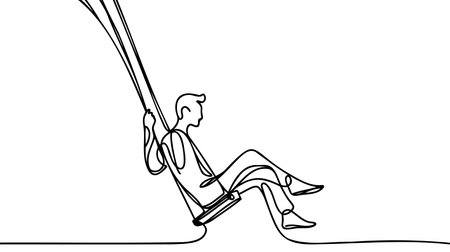 Man swinging on a swing in continuous line art drawing style. Black linear sketch isolated on white background. Vector illustrationのイラスト素材