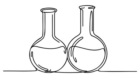Two neck round bottom flask one line continuous drawing. Laboratory glass equipment continuous one line illustration. Vector linear illustration.のイラスト素材