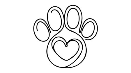 Heart with cat or dog paw in continuous one line drawing logo. Minimal line art. Animal foorprint in heart. Pet love concept.のイラスト素材