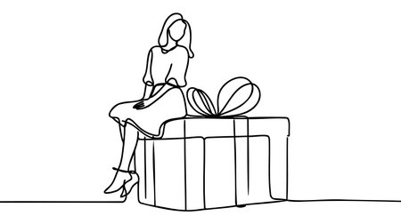 Single continuous line drawing woman sitting on big gift box. Big present concept. Female sitting on big box with present. Happy person gets huge gift. One line draw design vector illustration.のイラスト素材