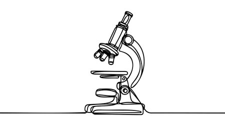 Continuous one line drawing of microscope laboratory. Microscope line art vector illustration. Research and science, microbiology concept. Editable stroke.のイラスト素材
