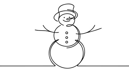 Continuous one line drawing of Christmas Snowman in hat with scarf. Cute Winter character in doodle style. Liner Vector illustrationのイラスト素材