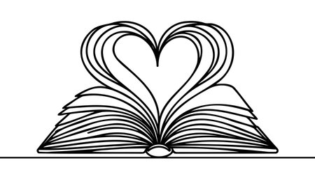 Open book and heart, continuous line vector illustration. one line vector drawing of a book and a heart, concept of love of reading. Black and white hand drawn image.のイラスト素材