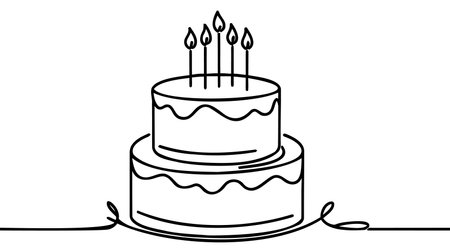 Continuous line drawing. Birthday cake with candle. Symbol of celebration. Black isolated on white...
