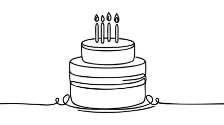 Continuous line drawing. Birthday cake with candle. Symbol of celebration. Black isolated on white background. Hand drawn vector illustration.のイラスト素材