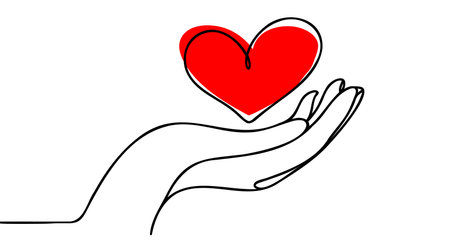 Continuous one line drawing arms holding heart. Charity donation linear concept. Vector isolated on white.のイラスト素材