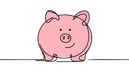Piggy bank in continuous line art drawing style. Pig moneybox black linear sketch isolated on white background.のイラスト素材