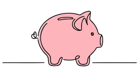 Piggy bank in continuous line art drawing style. Pig moneybox black linear sketch isolated on white background.のイラスト素材