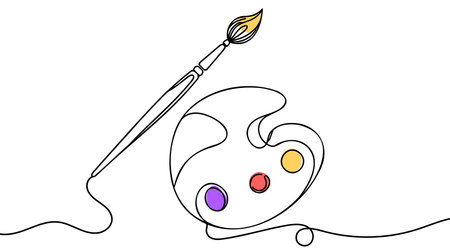 Brush and painting palette with paints. Continuous one line drawing. Vector illustration isolated on white background.のイラスト素材