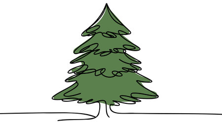 Christmas tree line background. Green One line drawing background. Continuous line drawing of christmas tree icon.のイラスト素材