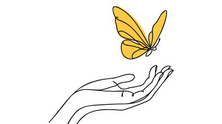 Butterfly in One continuous line drawing. Beautiful flying moth for wellbeing beauty or spa salon logo and divider concept in simple linear style. Editable stroke. Doodle vector illustrationのイラスト素材