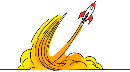 One continuous line drawing of simple retro spacecraft flying up to the outer space nebula.のイラスト素材