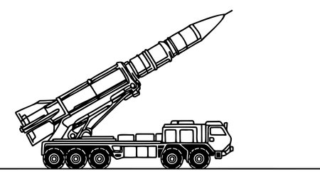 Mobile launch rocket system, Missile vehicle. ballistic missile launcher. One line drawing for different uses. Vector illustration.のイラスト素材
