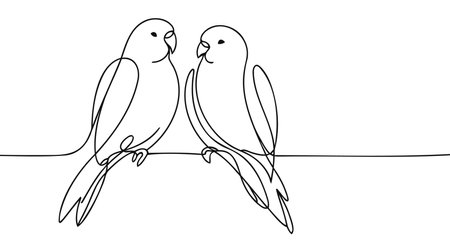 Vector one line illustration with two parrots on a branch on white background. Love birds in lineart style for greeting card, wall art and invitation on weddingのイラスト素材