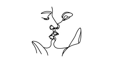 Valentine's day minimalist icon of people. Couple logo. 2 faces in a continuous line. Man and woman. Symbol of love Line vector illustration.のイラスト素材
