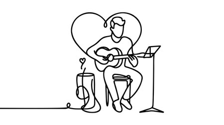 Continuous line drawing of a man playing guitar. Man musician sing love songs vector illustration.のイラスト素材