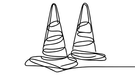 Road cone line continuous drawing vector. One line Road cone vector background. Road cone icon. Continuous outline of a Road cone. Roads cones linear design.のイラスト素材