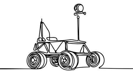 Continuous one line drawing of a conceptual lunar rover, black on white background, minimalist design.のイラスト素材