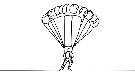 One continuous line drawing of young bravery man flying in the sky using paragliding parachute. Outdoor dangerous extreme sport concept. Dynamic single line draw design vector graphic illustrationのイラスト素材