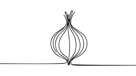 Continuous one line onion for grocery store, printing on posters and banners. Linear style.のイラスト素材