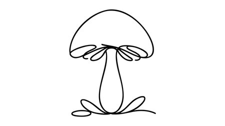 Continuous one line of mushroom in silhouette. Minimal style. Perfect for cards, party invitations, posters, stickers, clothing. Black abstract icon.のイラスト素材