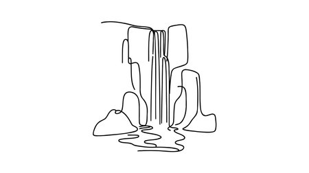 Continuous one line drawing. Landscape with mountains, waterfall and lake. Vector illustration.のイラスト素材