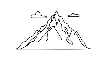 One continuous line drawing of mountain range landscape. Web banner with mounts and high peak in simple linear style. Adventure winter sports and hiking tourism concept. Vector illustrationのイラスト素材