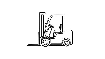Continuous one line drawing forklift truck with boxes. Heavy automobile. Construction industry and machinery concept. Children's toy forklift truck. Single line draw design vector graphic illustrationのイラスト素材