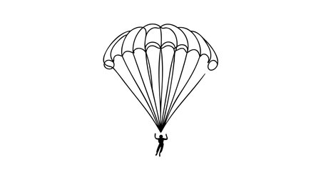 One continuous line drawing of young bravery man flying in the sky using paragliding parachute. Outdoor dangerous extreme sport concept. Dynamic single line draw design vector graphic illustrationのイラスト素材
