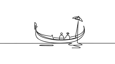 Continuous one line drawing of gondola icon in silhouette on a white background. Linear styled.のイラスト素材