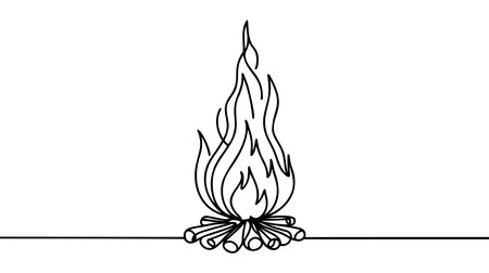 Bonfire in one continuous line art drawing style. Campfire black line sketch on white background. Vector illustration.のイラスト素材