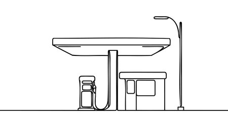 Single one-line drawing of a big gas station in town. Gas station concept continuous line draw design graphic vector illustrationのイラスト素材