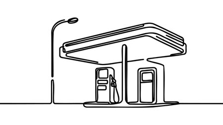 Single one-line drawing of a big gas station in town. Gas station concept continuous line draw design graphic vector illustrationのイラスト素材