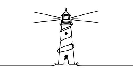 Continuous one simple single abstract line drawing of lighthouse icon in silhouette on a white background. Linear styled.のイラスト素材