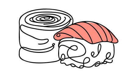 Vector continuous one single line drawing of sushi rolls in silhouette on a white background. Linear styled.のイラスト素材