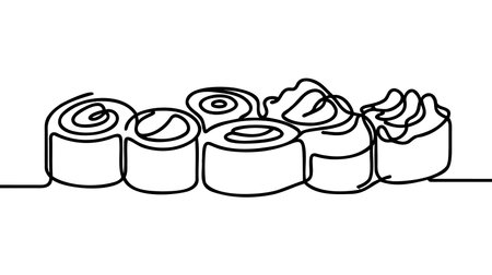 Vector continuous one single line drawing of sushi rolls in silhouette on a white background. Linear styled.のイラスト素材