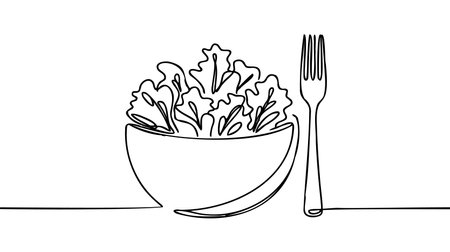 Single continuous line drawing of stylized vegetables salad on bowl logo label. Healthy food restaurant concept. Modern one line draw design vector illustration for cafe, shop or food delivery serviceのイラスト素材