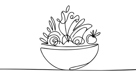 Single continuous line drawing of stylized vegetables salad on bowl logo label. Healthy food restaurant concept. Modern one line draw design vector illustration for cafe, shop or food delivery serviceのイラスト素材