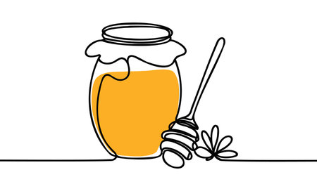 One single line drawing fresh sweet natural gold honey on glass jar with wooden dipper vector graphic illustration. Natural organic supplement concept. Modern continuous line draw healthy food designのイラスト素材