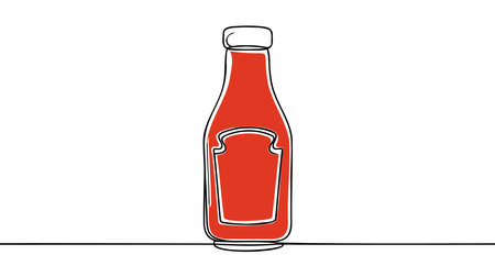 Tomato ketchup and mustard bottles vector one line continuous drawing illustration. Hand drawn linear silhouette icon. Minimal design, print, banner, menu, logo. Fast food, snack, meal.のイラスト素材