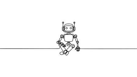 Continuous one line drawing sitting robot. Metal computer man or cyborgs. Friendly mechanism. Single line draw design vector graphic illustrationのイラスト素材