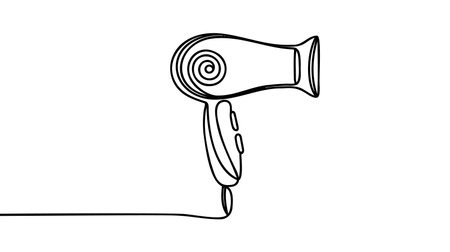 One continuous line drawing of hair dryer electric home appliance. Woman electricity stuff household tools template concept. Trendy single line draw design vector graphic illustration.のイラスト素材